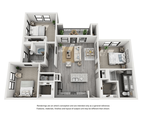 Floor plan for 3 beds, 2 baths, 1250 sqft